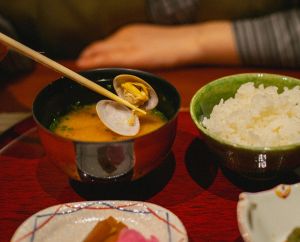 Traditional Fukagawa-meshi clam soup and rice, a local speciality of Tokyo's Fukagawa area
