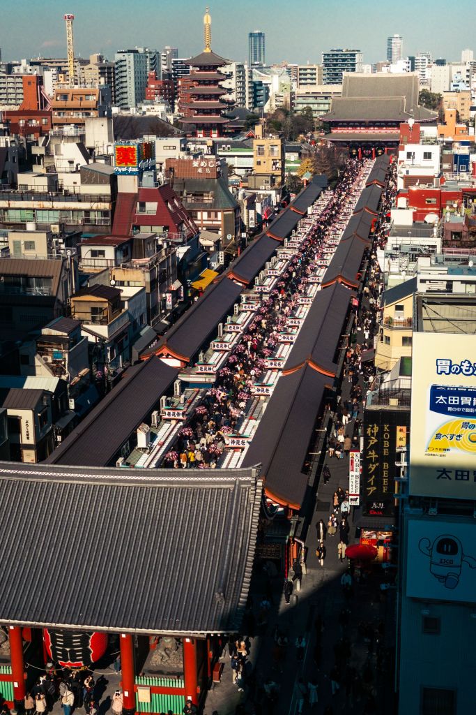 Aerial view of Sensoji Temple and Nakamise Street in Asakusa, Tokyo
