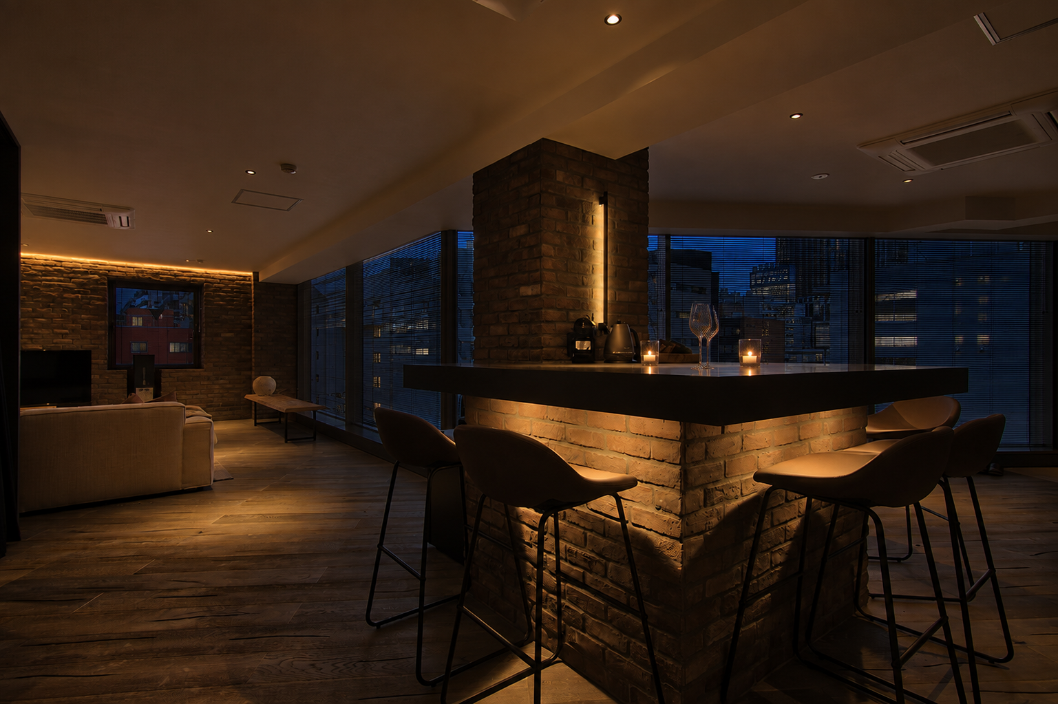 Open-plan living and dining area at The Brick Base Yokohama