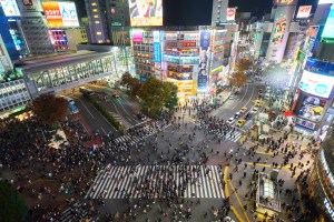 Busy Shibuya Scramble Crossing in Tokyo at evening